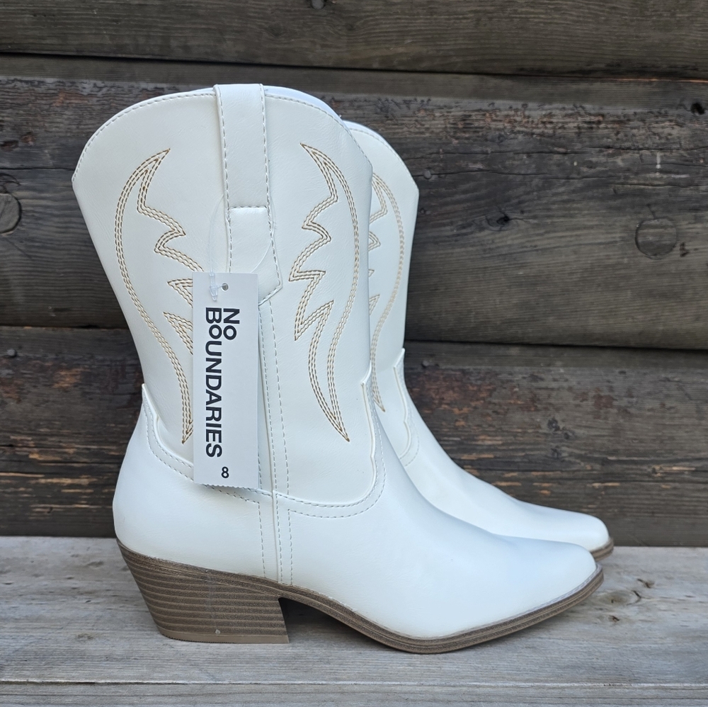 Y2K White Western Cowgirl Deco Stitch Block Heel Boots Women's Size 8M - Picture 2 of 10